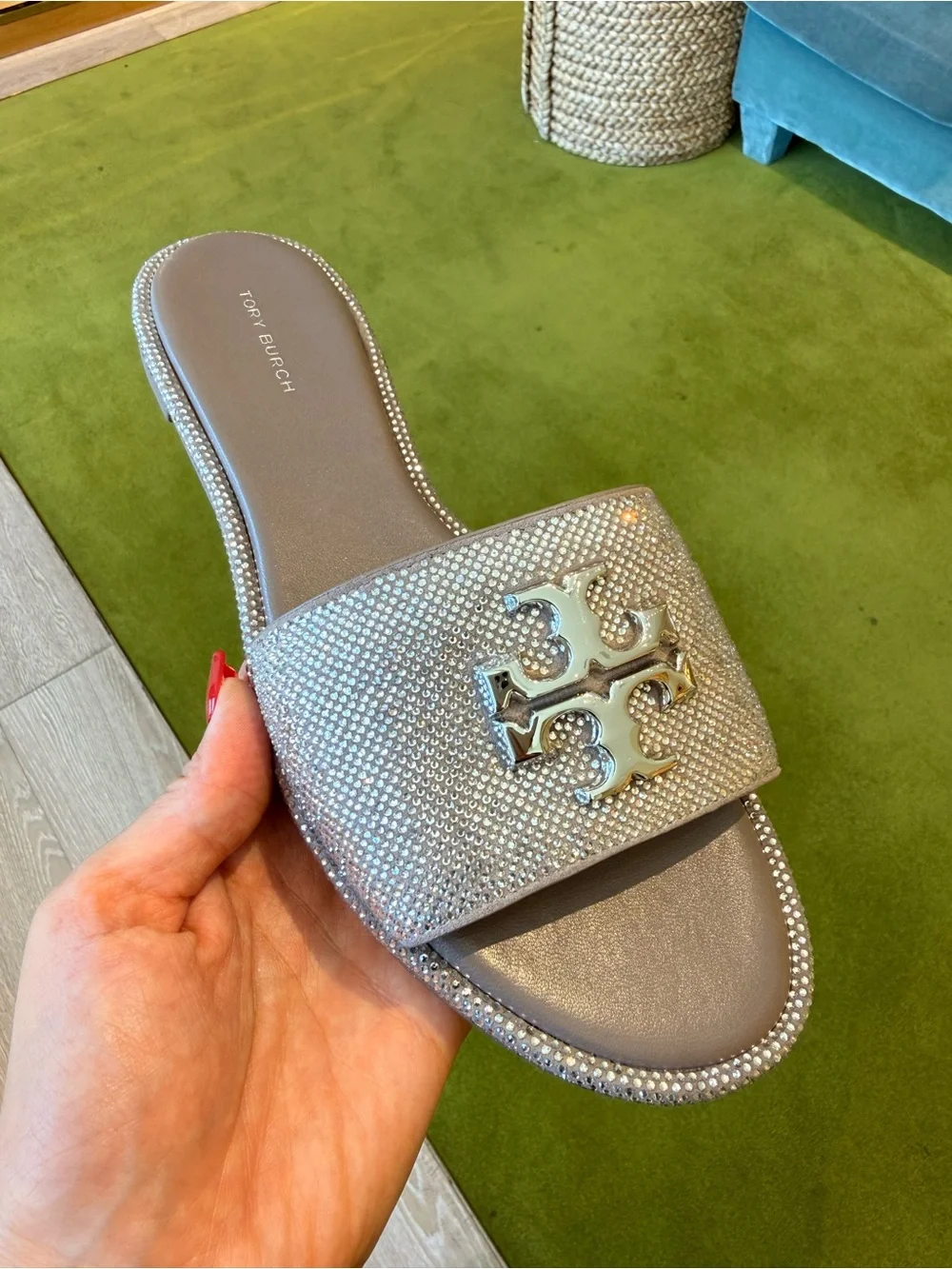$375‎ Tory Burch Everly Rhinestone Slide Sandals, Dark Clay / Silver, RUNS SMALL